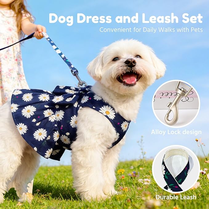 BAEJMJK Dog Dress Bowknot Harness Leash Set for Small Dogs Cats Daisy Floral Girl Dog Dresses Cute Puppy Princess Clothes Pet Doggy Outfits Spring Summer Breathable Dresses (X-Small, Navy Blue)
