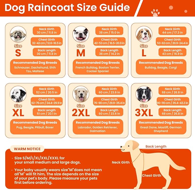 BRKURLEG Dog Raincoat for Small Medium and Large Dogs Waterproof Dog Rain Jacket Adjustable Hooded Dogs Raincoat Pet Rain Coat Poncho with Leash Hole, Reflective Strip, Orange, XXL