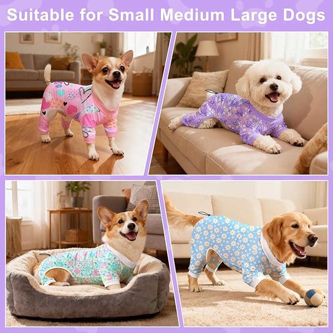 Bienbee Dog Pajamas, 4 Pack Dog Recovery Suit Shedding Suit Cute Soft Puppy Clothes Dogs Pjs Onesies Jammies Adjustable Breathable & Stretchy Clothes for Small Medium Large Dogs Girl Boy Puppy-3XL