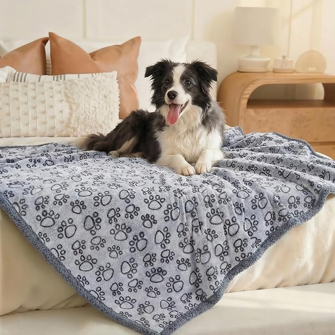 Luciphia Waterproof Pet Blankets for Couch Sofa Bed Cover Liquid Pee Proof Washable Soft Fluffy Large Dog Blanket Reversible Furniture Protection Paw Grey Large（65" x 57"）