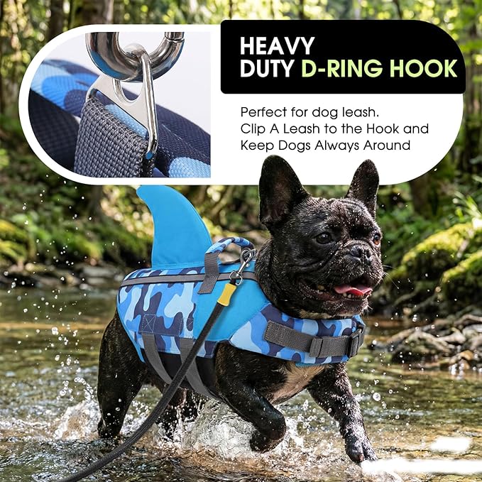 SUNFURA Dog Life Jacket Shark Life Vest for Dogs, Adjustable Swmming Vest with High Buoyancy, Safety Lifesaver with Rescue Handle for French Bulldog Small Medium Breeds, BlueCamo M