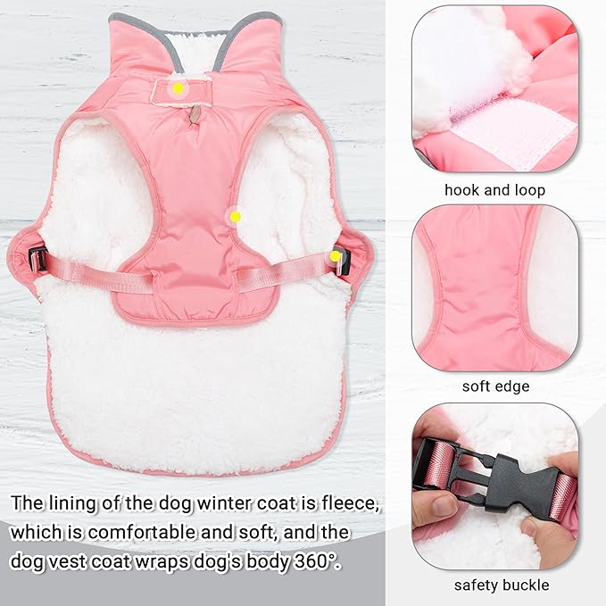 Dog Winter Coat - Warm Dog Clothes for Rain Snow Wind Cold Weather - Reflective Pink Adjustable Waterproof Windproof Pet Vest Jacket with Leash Hole for Small Medium Large Dogs Indoor Outdoor