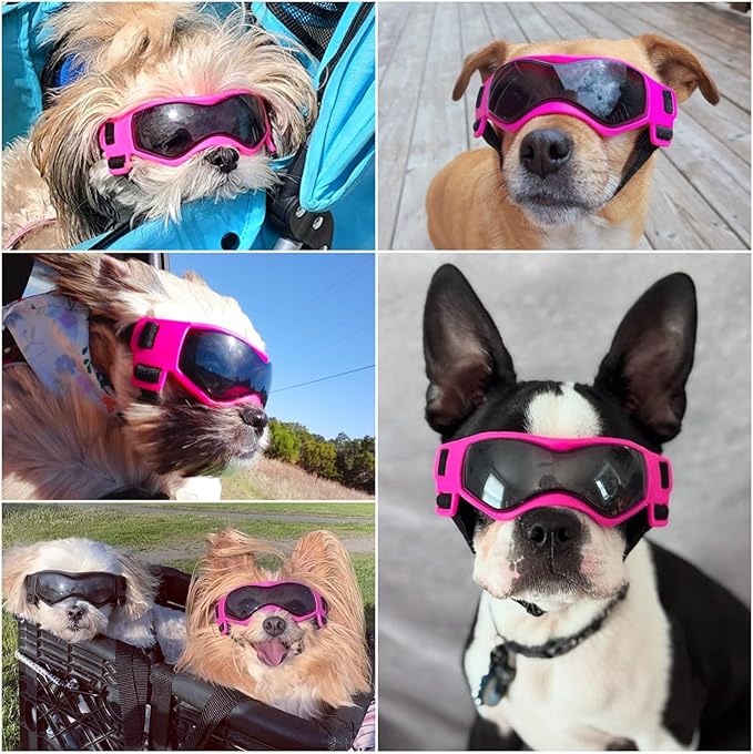 Enjoying Dog Sunglasses Small Breed, Dog Goggles UV Protection, Cycling Eye Protection for Small Dogs, Outdoors Breathable Windproof Dustproof Anti-Fog, Adjustable Straps, Cool Pink