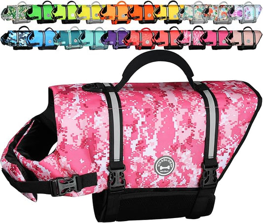 VIVAGLORY Rip Stop Dog Life Vest, Swimming Vest with Handle, Buoyancy for Doggy Puppy, Dog Life Jacket for Swimming & Boating, XXS, Camo Pink