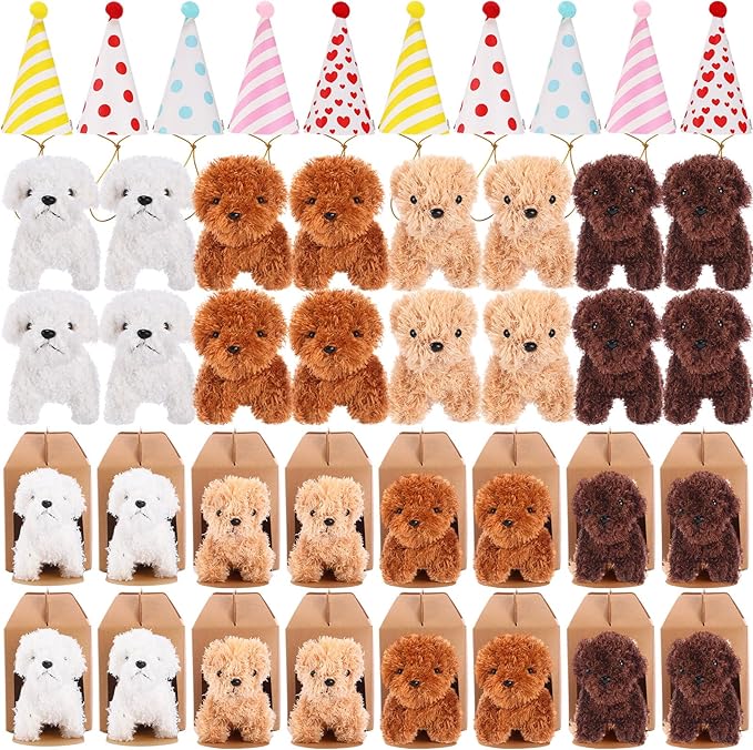 20 Set Mini Plush Toy Stuffed Animals Dogs Set with Birthday Hats Kraft Paper Boxes Small Stuffed Puppy Adopt Pet Gift for Adoption Event Animal Theme Birthday Stocking Stuffers(Dog)