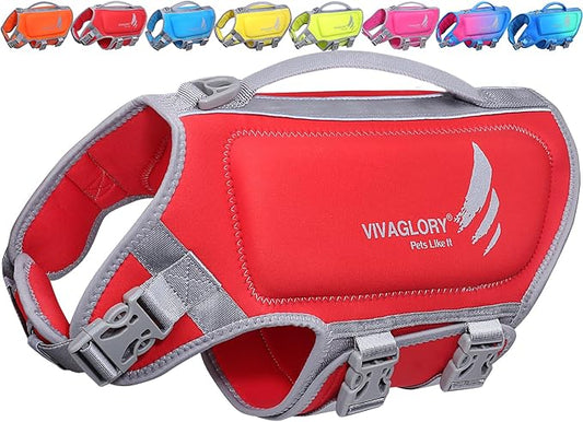 VIVAGLORY High Buoyancy Dog Life Vest, Swimming Vest with Handle, Dog Life Jacket for Swimming & Boating, Buoyancy for Puppy Doggy, S, Red