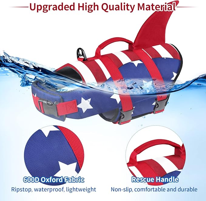 Malier Dog Life Jacket, Ripstop American Flag Dog Life Vest for Swimming Boating, Shark Puppy Lifesaver with High Buoyancy Swimsuit for Small Medium and Large Dogs (Small)