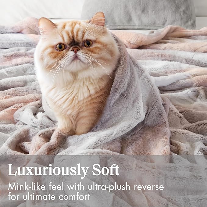 Madison Park Ultra-Soft Poly Fur, Reversible Plush, All Season & Lightweight Fuzzy Blanket for Bed, Couch & Sofa, Zuri, King/Cal King Blush/Grey