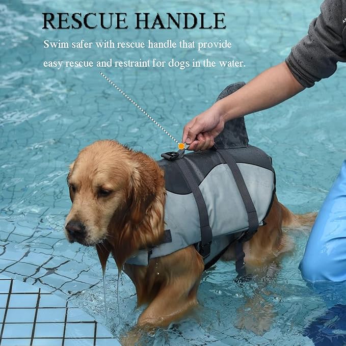 Dogcheer Dog Life Jacket Shark, Adjustable Dog Swim Life Vest for Swimming Boating with Superior Buoyancy & Rescue Handle, Ripstop Pet Flotation Vest for Small Medium Large Dogs - Grey, XL