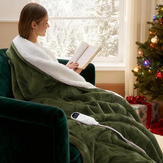 Bedsure Heated Blanket Throw Blanket - Fast Heating Electric Blanket, Soft Flannel Throw with 6 Time Settings(Up to 10H), 6 Heating Settings, Gifts for Grandma Grandpa Seniors (50"x60", Olive Green)