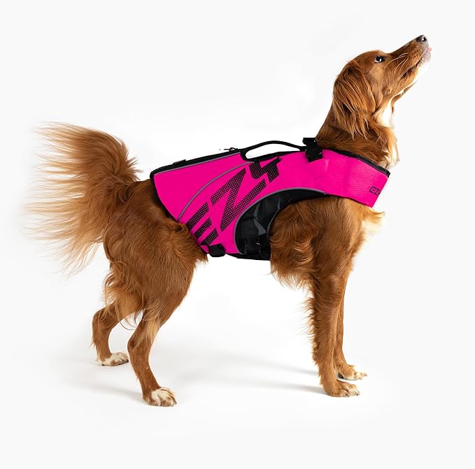 EzyDog DFD X2 Dog Life Jacket - Adjustable Swimming Safety Life Vest Preserver with Continuous Neck Flotation, Reflective Trim, & Grab Handle (3XS, Pink)