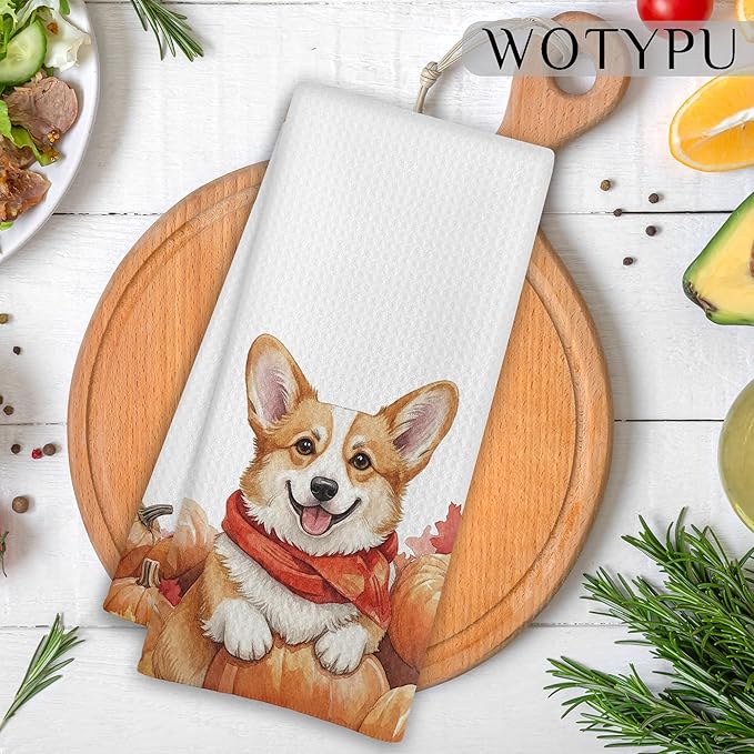 Fall Corgi Gift Kitchen Towels, Corgi Lover Gifts Dish Tea Towel for Kitchen Decor, Farmhouse Fall Autumn Maple Leaf Dog Hand Towels for Bathroom Decor,16X24 Inch
