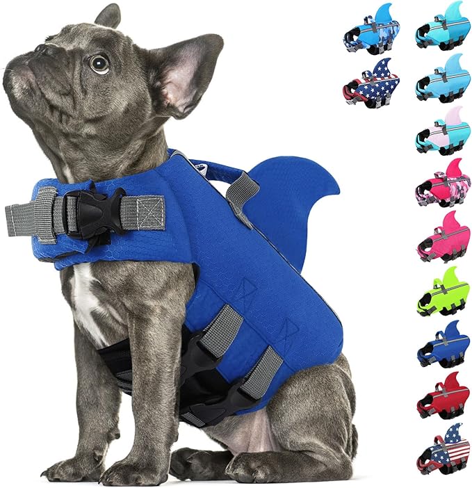 SUNFURA Dog Life Jacket Shark Life Vest for Dogs, Adjustable Swmming Vest with High Buoyancy, Safety Lifesaver with Rescue Handle for French Bulldog Small Medium Breeds, Dark Blue XS