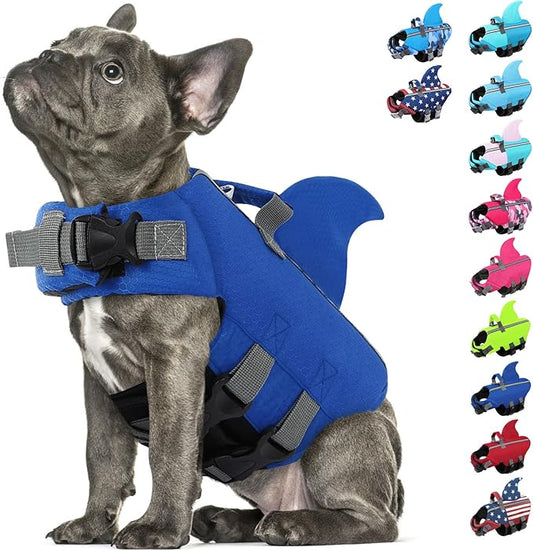 SUNFURA Dog Life Jacket Shark Life Vest for Dogs, Adjustable Swmming Vest with High Buoyancy, Safety Lifesaver with Rescue Handle for French Bulldog Small Medium Breeds, Dark Blue S