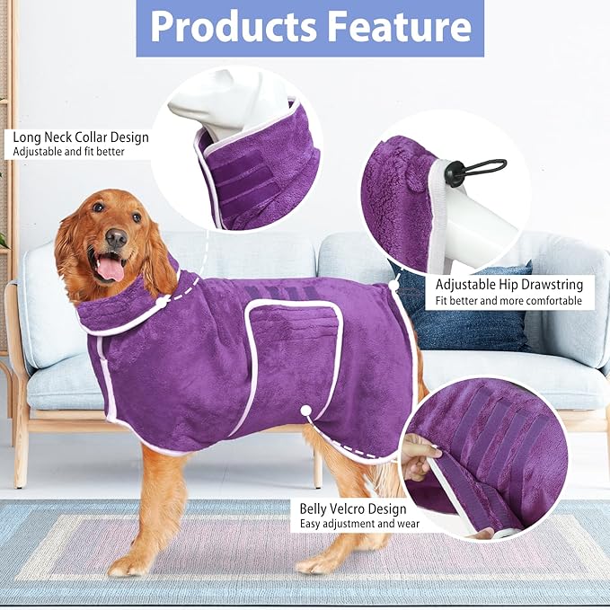 Dog Bathrobe Towel Dog Drying Coat - Super Absorbent Towels Bath Robe for Dogs Large, Soft Adjustable Collar & Belly Strap Fast Drying Coat Pet Cat Bath Robe (Violet, Medium)