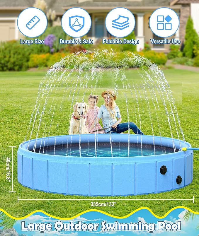 EPN Large Foldable Dog Pool – 0.55MM PVC 2-in-1 Portable Bathtub & Sprinkler for Dogs, Cats, Kids – Heavy Duty, Non-Slip, Summer Water Toy (132 in)