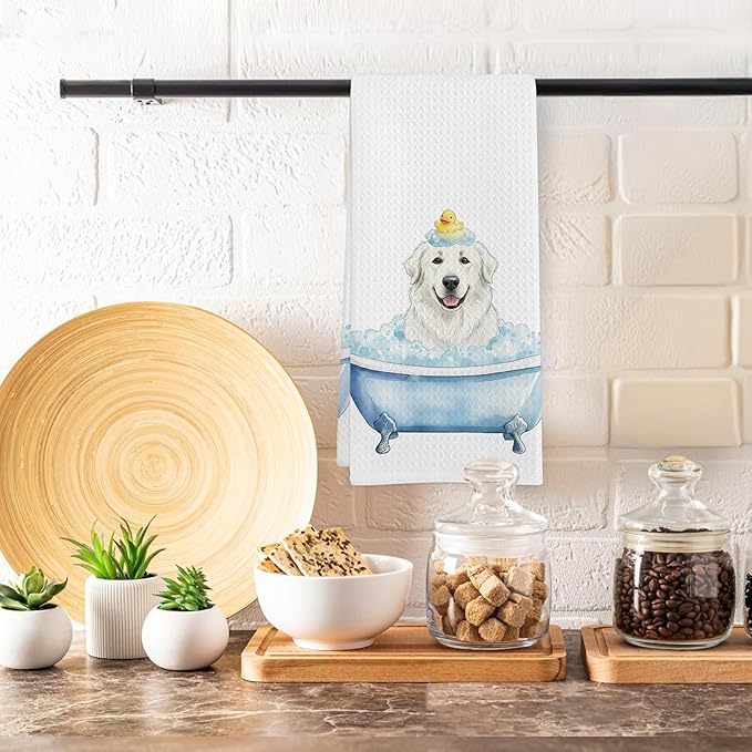 Funny Great Pyrenees Gifts Bathroom Hand Towel, Great Pyrenees Duck Gifts Hand Towel for Bathroom Kitchen Washroom Decor, Funny Dog in Bathtub Dish Tea Towels, 16x24 Inch