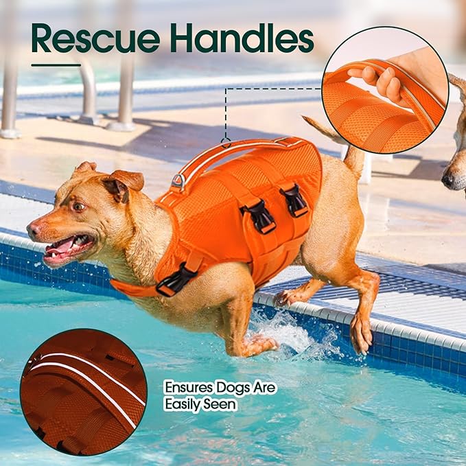 Kuoser Dog Life Jacket, XXL Dog Life Vest for Swimming Boating, Reflective Doggie Swimming Vest Pet Swim Preserver with Rescue Handle, Orange XXL