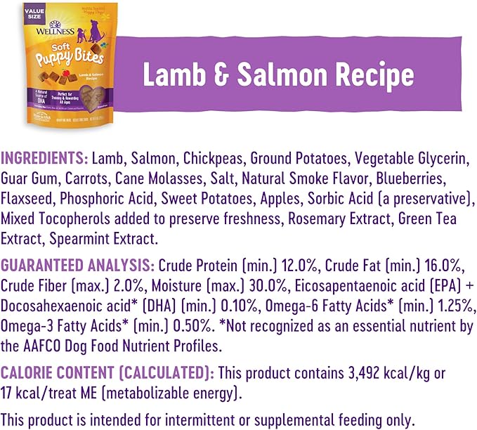 Wellness Puppy Treats, Natural, Training Treat, Grain Free, Soft Lamb & Salmon (3 Ounce Bag)