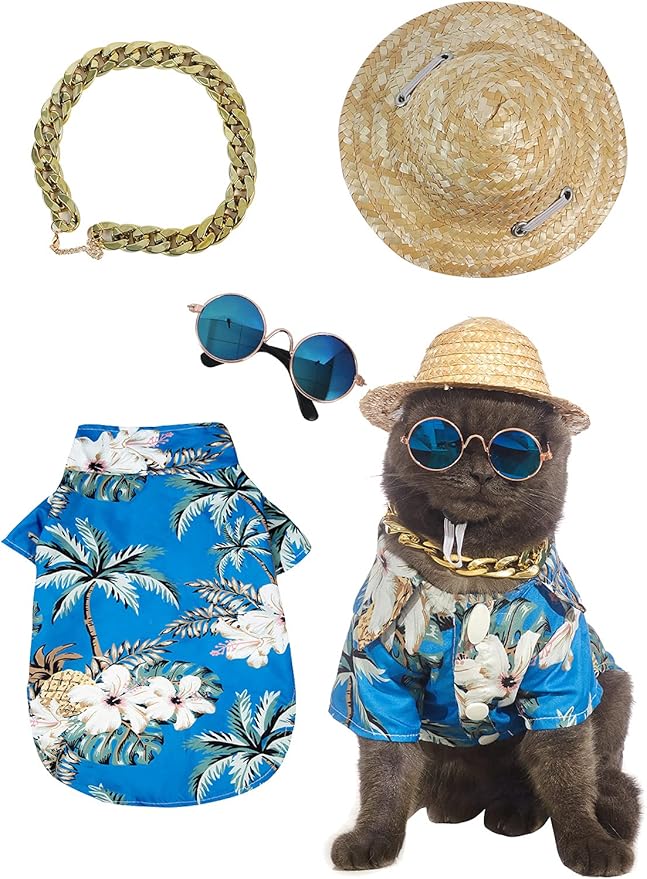 Hawaiian Dog T Shirts Pet Summer Clothes Cat Sunglasses Funny Straw Hat Kitten Costumes with Gold Chain Collar (Medium,Blue)