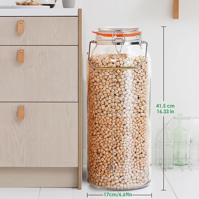 2 Gallon Glass Jar with Airtight Lid(7600ML), Gallon Airtight Glass Storage Jar with Stainless Steel Handle - Large Glass Food Storage Container with Lid Flour, Sugar, and Dog Treats