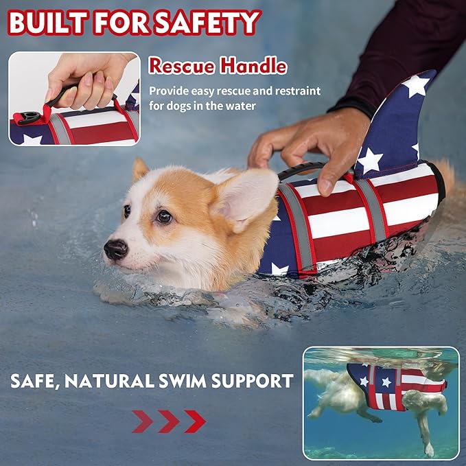 Dogcheer Dog Life Jacket Shark, American Flag Dog Life Vest with Reflective Stripes & Rescue Handle, Adjustable High Buoyancy Puppy Swim Float Vest for Small Medium Large Dogs - USA Flag, XL