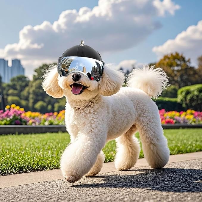 PETLESO Small Dog Helmet, Pet Motorcycle Helmet with Ear Holes, Adjustable Pet Safety Hat with Flip-Up Silver Visor, Small-Medium Puppy Heads Protection, Spiked