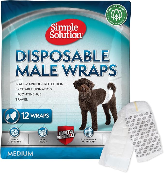 Simple Solution Disposable Wraps for Male Dogs, Dog Diapers, Male Dog Wraps, Leak Proof with Wetness Indicator, Potty Training, Doggie Diaper for Incontinence, 15 – 23 Inch Waist, (M,12 Count)