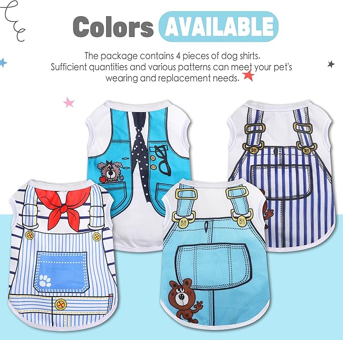 4 Pack Mesh Dog Shirts for Small Dogs: Stretchy Dog Clothes with Cute Patterns, Size XXS-XL Fit for 2-16lb Dogs Pet T-Shirts, Girl & Boy Puppy Clothes for Spring Summer (Blue Set, Small)