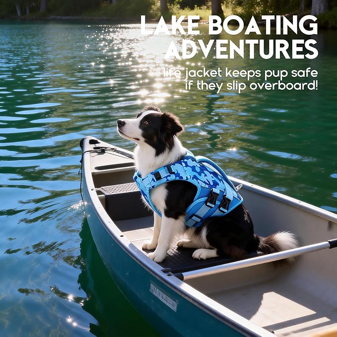 ASENKU Dog Life Jacket, High Floatation Dog Swimming Vest with Rescue Handles for Small Medium Large Dogs, Pet Safety Swimsuit Preserver for Pool Beach Boating (Blue Camo, 2XL)