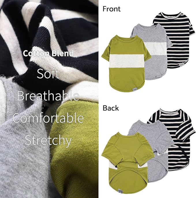 Fitwarm 3 Pack Color Block Striped Dog Shirt, Summer Dog Clothes for Small Dogs, Breathable Lightweight Pet Tshirt with Sleeves, Cat Outfit, Oliver Green, Grey, Black, XL