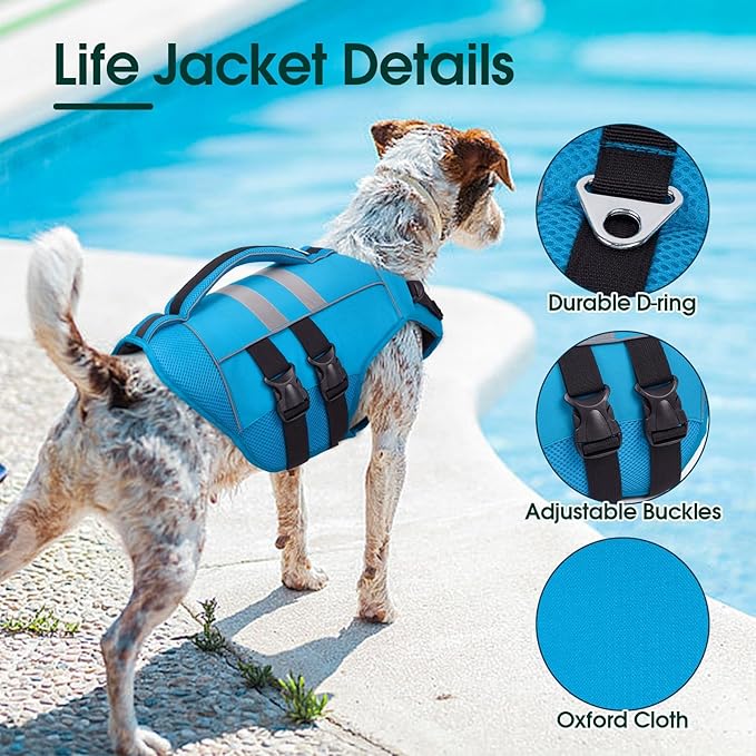 Kuoser Medium Dog Life Jacket, High Flotation Dog Life Vest for Swimming Boating, Reflective Dog Swimming Vest for Medium Dogs Pet Life Preserver with Rescue Handle, Blue M