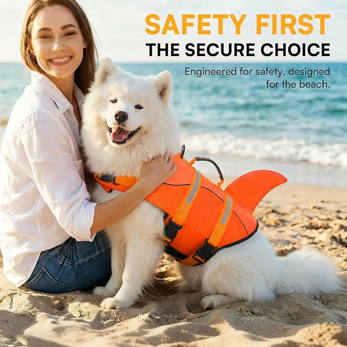 Queenmore Dog Life Jacket, Dog Life Vest for Swimming, High Flotation Shark Swimming Safety Vest for Large Dogs, Adjustable Reflective Pet Lifesaver Preserver, Orange L