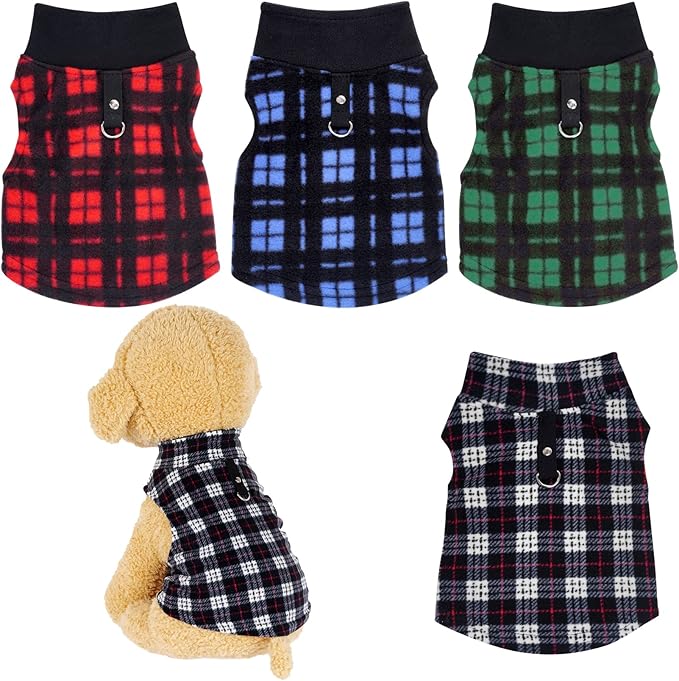 Rbenxia 4-Piece Buffalo Plaid Dog Sweater Set - Soft Fleece Jacket & Vest with Leash Ring - Warm Winter Outfits for Small Puppy & Cat Pets (X-Large)