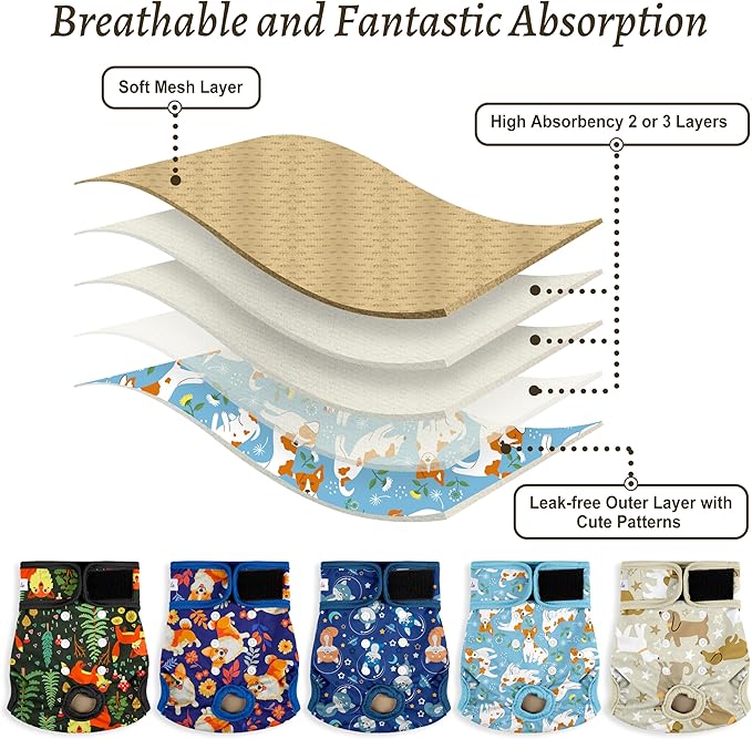 Washable Female Dog Diapers (5 Pack) - Doggie Reusable Small Medium Large Dog Diapers for Doggy Puppy Female in Period - Highly Absorbent Dog Heat Panties,S Plus,Cute Dog Pattern