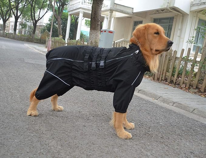 Lovelonglong Waterproof Dog Raincoat – 4-Leg Full Body Dog Rain Suit with Reflective Strips & Leash Opening, Outdoor Dog Jacket for Rainy Weather