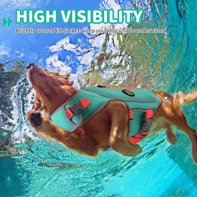 Dog Life Vest for Swimming, High Flotation Dog Life Jacket for Large Dogs Good Visibility Reflective Puppy Floating Vest, Adjustable Neoprene Pet Swimsuit with Rescue Handle, Turquoise, L