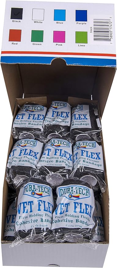 Dura-Tech Vet Flex Black Bandage First Aid Wrap | for Horses, Dogs and Others | Self-Adhesive Cohesive Tape | 4” Wide and 5 Yards of Length | Package of 18 Rolls