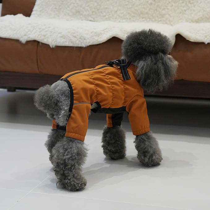 Winter Waterproof Dog Snowsuit – Full Body Outdoor Jacket with Leash Ring, Fleece Lining, Windproof Reflective 4-Leg Dog Coat for Small to Large Dogs Mustard Yellow XXL