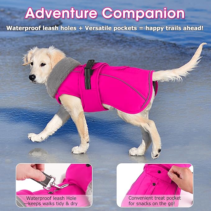 Dogcheer Dog Coat with Pocket, Waterproof Dog Jacket with Adjustable Buckle, Reflective Puppy Winter Coat Warm Turtleneck Fleece SnowJacket for Small Medium Large Dogs - Pink L