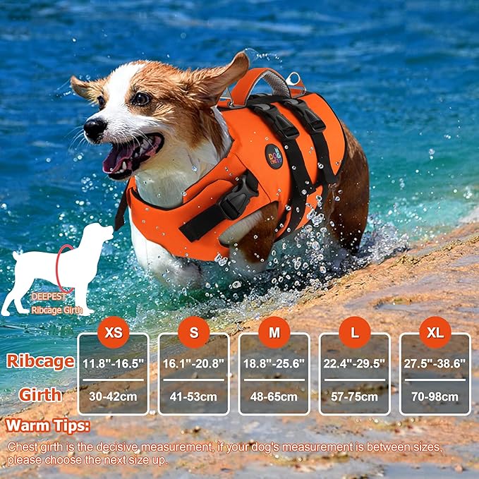 Dogcheer Dog Harness Life Jacket, High Buoyancy Neoprene Dog Life Vest for Swimming Boating, Adjustable Puppy Swim Vest Reflective Pet Float Vest for Small Medium Large Dogs - Orange, S