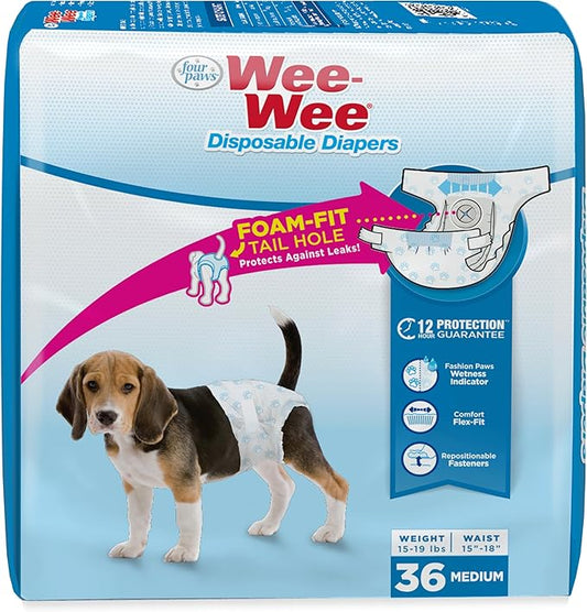 Four Paws Wee-Wee Super Absorbent Disposable Adjustable Dog Potty Training Diapers, Leak-Proof Protection for Dogs, Size Medium, 15" - 18" Waist, 36 Count