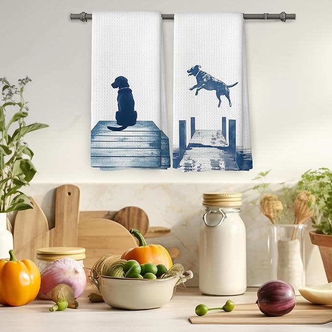 Lake House Decor Labrador Kitchen Towels Set of 2, Summer Funny Lake Dog Coastal Bathroom Hand Towel, Dog Lover Gifts Tea Towel Dish Towels 16x24 Inch