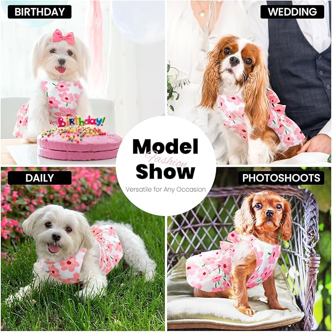 Cute Dog Dress Small Dog Clothes For Girls Female Puppy Outfits Pink Floral Pet Summer Clothes Bowknot Doggy Cat Princess Dress Harness Set for Holiday Birthday Party Costume Clothing (Pink,XL)