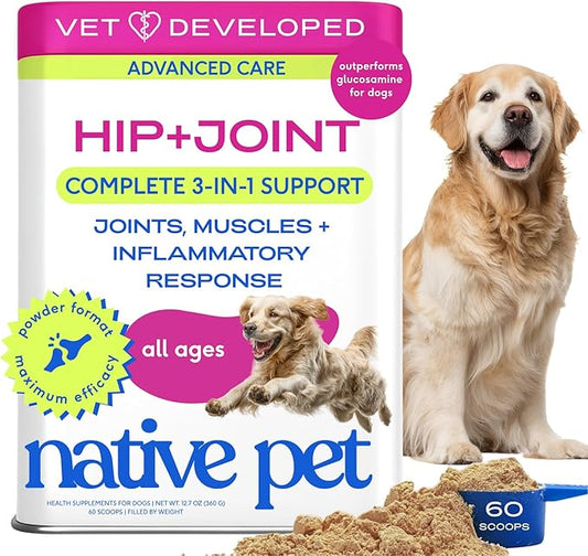 Native Pet Hip & Joint Advanced Care Dog Joint Supplement Powder for Mobility & Movement Support, Joint Supplement for Dogs with HMB, UC-II Collagen, Green Lipped Mussel & Hyaluronic Acid – 60 Scoops