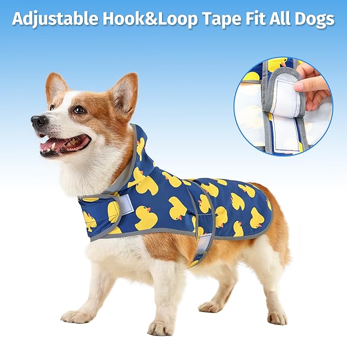 Dog Raincoat for Large Dogs Waterproof Jacket Hooded Rain Coats with Reflective Strips Leash Hole & Poncho Adjustable Fit (Duck,L)