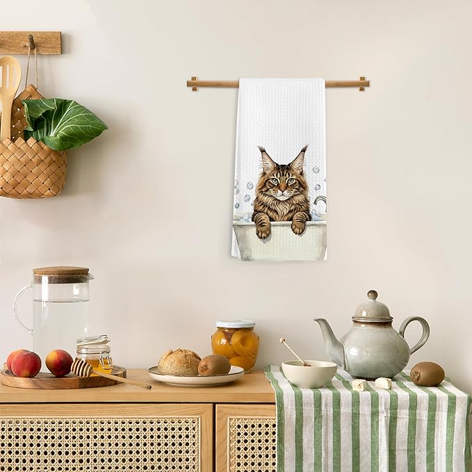 Funny Maine Coon Gifts Hand Towels, Cats Bathroom Decor, Maine Coon Cat Dish Tea Towels, Cats Lovers Gifts Hand Towel for Restroom Kitchen Washroom Decor, 16x24 Inch