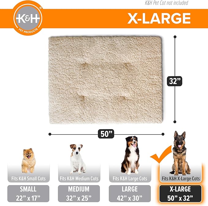 K&H Pet Products Dog Cot Pad (Cot Sold Separately), Pillow-Top Comfort Bed for K&H XL Elevated Dog Beds, Soft & Fluffy, Secure Fit Straps, Machine Washable, Portable - Extra-Large 50 X 32 Tan Fleece