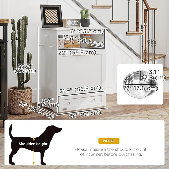 PawHut Dog Feeding Station with Raised Bowls & Storage Cabinet, Pet Feeder Cabinet Container with Hanger for Feeding & Watering Supplies, Dog Food Organizer, White