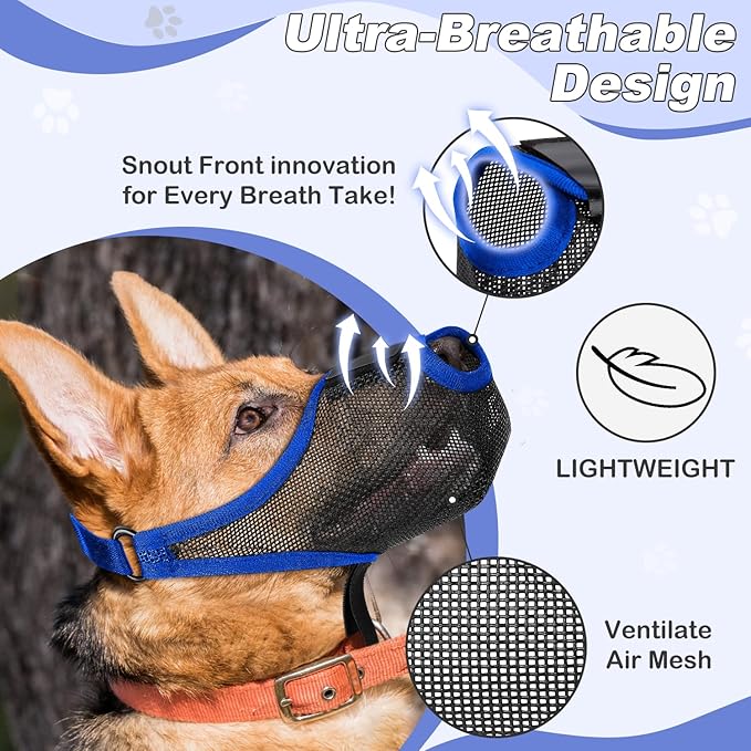 Dog Muzzle, Soft Air Mesh Muzzles for Medium Sized Dogs, Breathable Dog Mussels for Scavenging Biting Licking & Barking, Adjustable Mouth Guard with Front Opening, Allows Panting and Drinking(Blue,M)